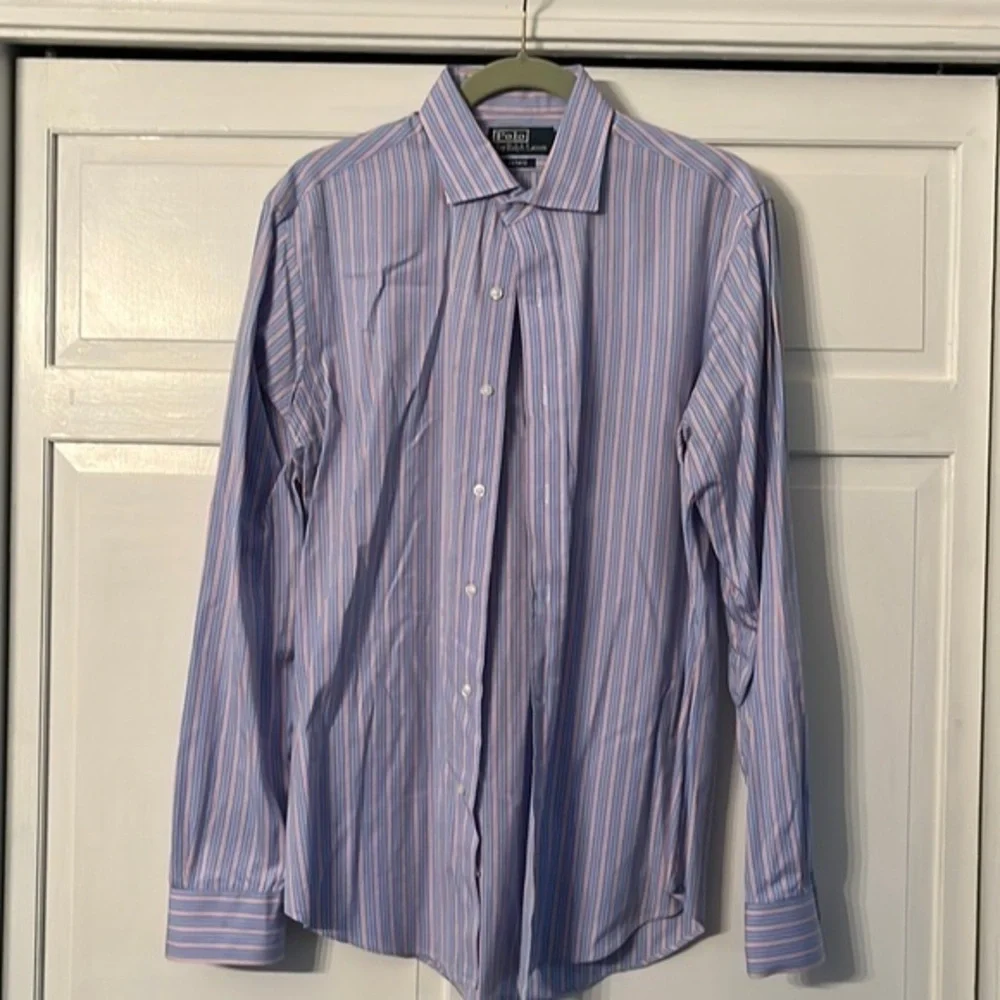 Mens polo blue orange striped button down 15.5 34/35 - Picture 1 of 3
